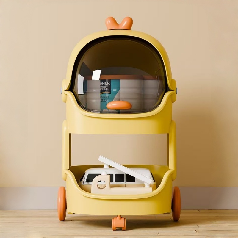 Baby Products Eco Friendly - รถเข็นเก็บของรูปเป็ดน่ารัก ชั้นวางของเล่นเด็กหลายชั้น พร้อมฝาปิดใสและล้อเลื่อน สำหรับของเล่น ผลิตภัณฑ์สำหรับเด็กอ่อน