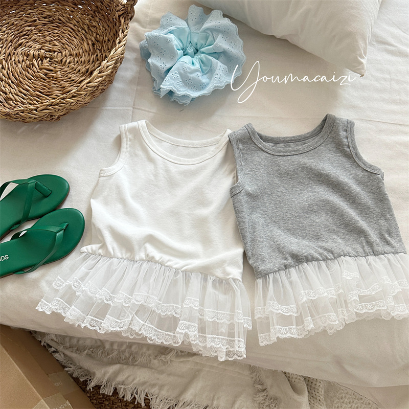 Baby Products Korea - 2025 ฤดูร้อนสินค้าใหม่เด็กต่างประเทศตาข่ายเย็บลูกไม้เสื้อกั๊กเด็กทารกสีทึบแขนกุดเกาหลี